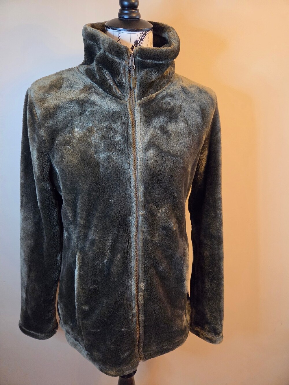 32 Degrees Heat Womens Medium Plush Fleece Full Zip Jacket Green Gray Soft Cozy